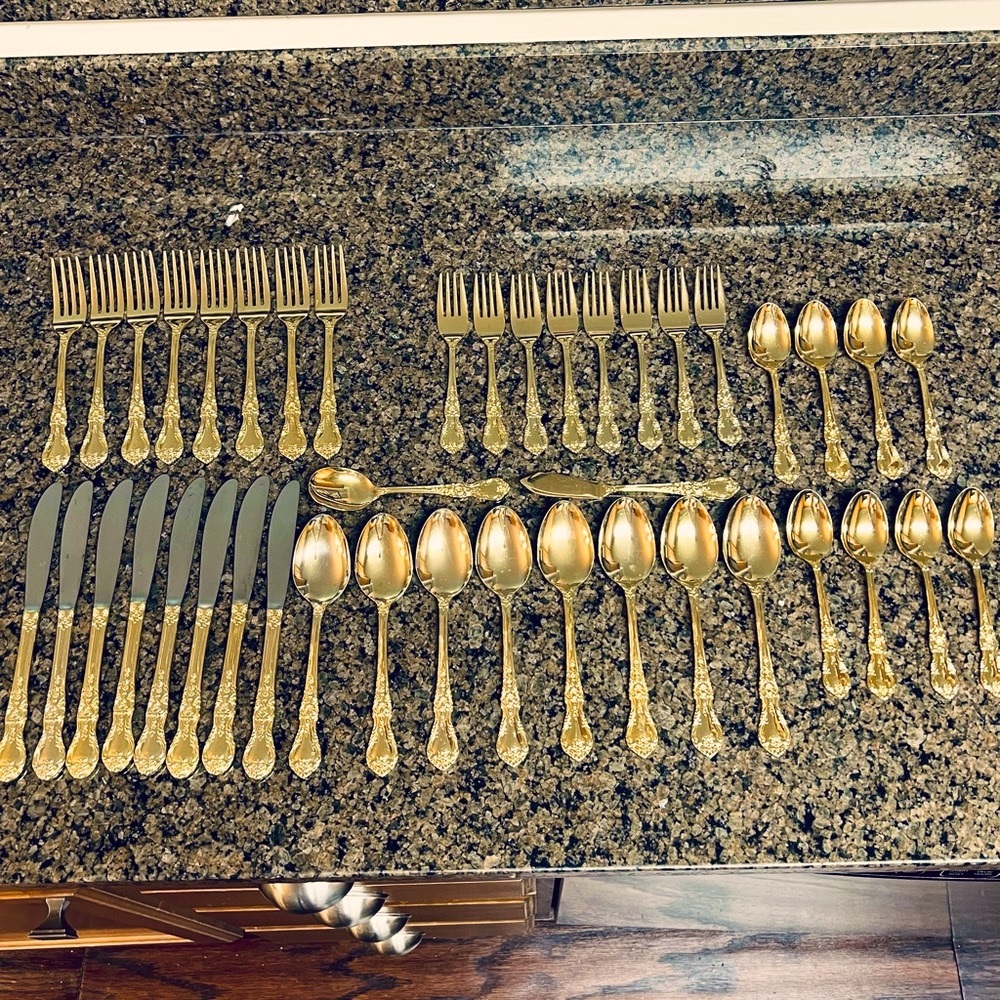 Home Concepts VINTAGE goldplate flatware service for 8 butter knife jelly spoon.